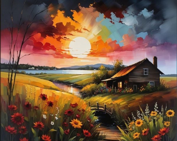Vibrant Landscape with Wooden House and Serene River