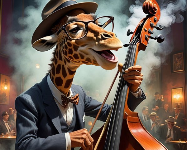 Giraffe in Suit Playing Double Bass at Jazz Club