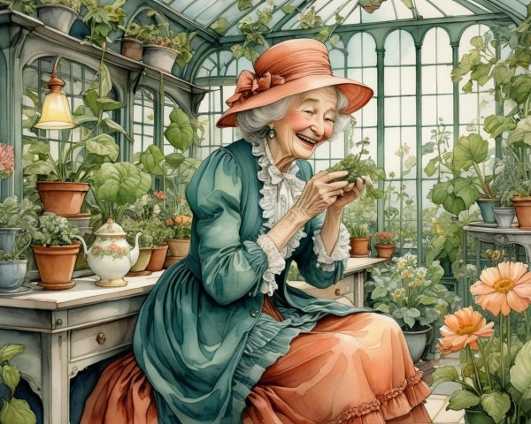 Elderly Woman in Green Cardigan in Greenhouse with Plants