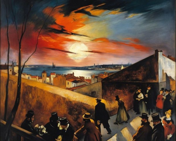 Cityscape at Dusk with Sunset and Elegant Figures