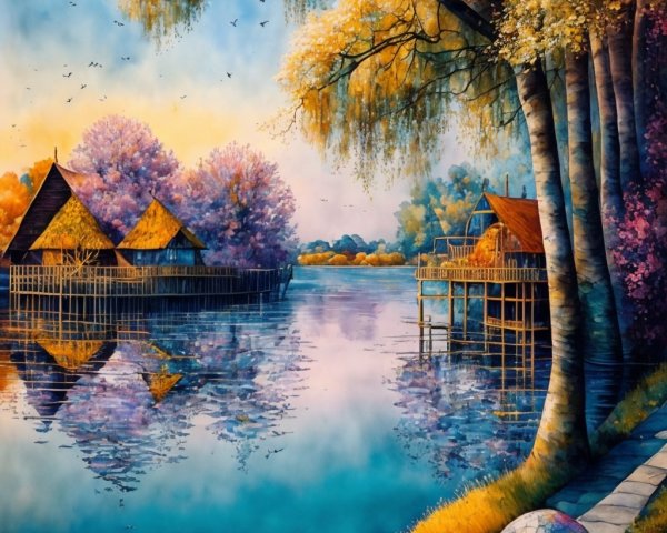 Lakeside Scene with Stilt Houses and Autumn Colors