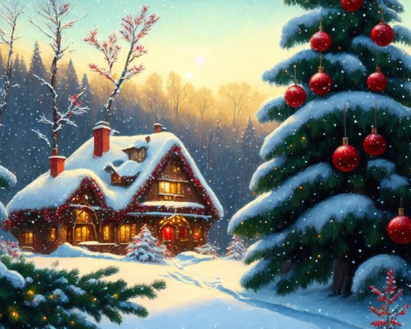 Cozy Cabin in Snowy Landscape with Evergreen Trees