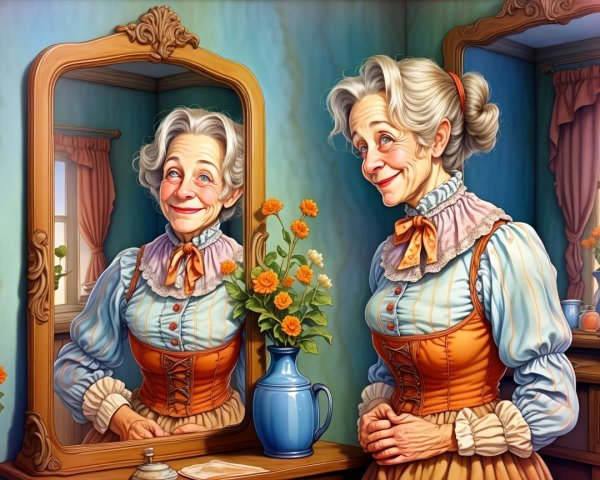 Elderly Woman Smiling in Vintage-Inspired Room