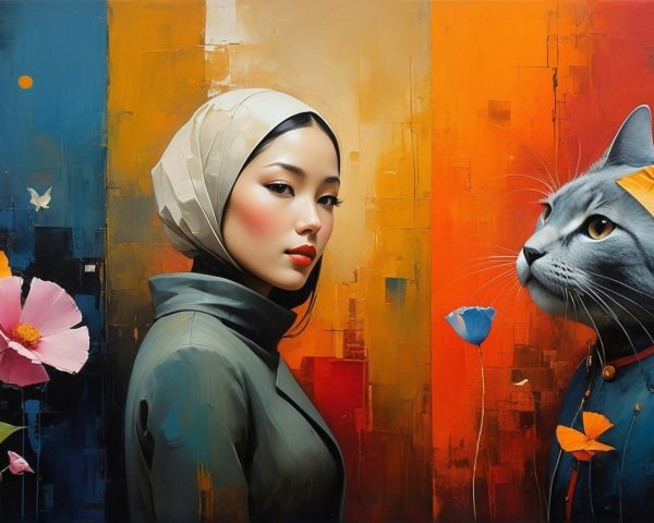 Serene Woman and Cat in Vibrant Floral Setting