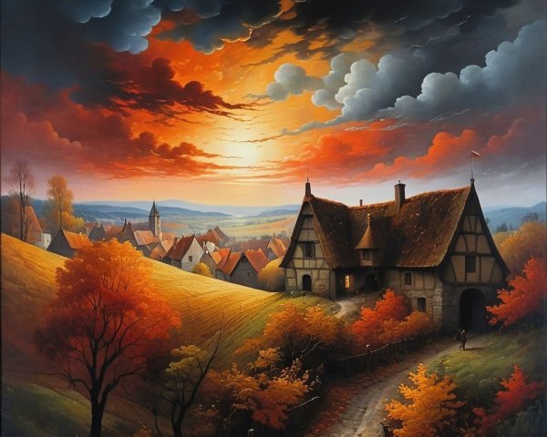 Quaint Village in Vibrant Autumn Landscape at Sunset