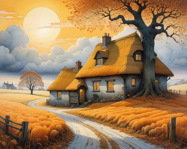 Thatched-Roof Cottage in Autumn Countryside Scene