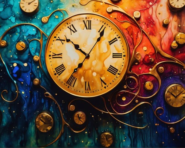 Vibrant Abstract Composition with Central Clock Design