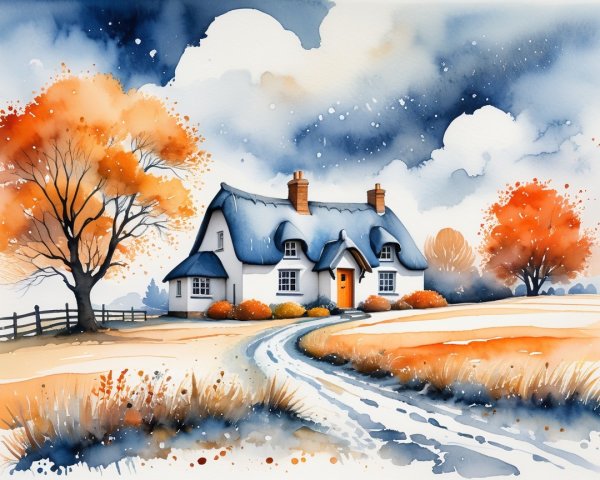 Charming Cottage Surrounded by Autumn Trees and Fields