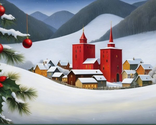 Snowy Winter Village Scene with Red Buildings and Ornaments