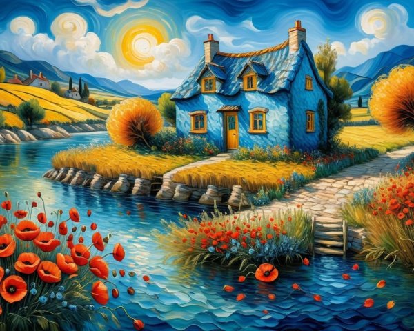 Serene landscape with cottage by a flowing river