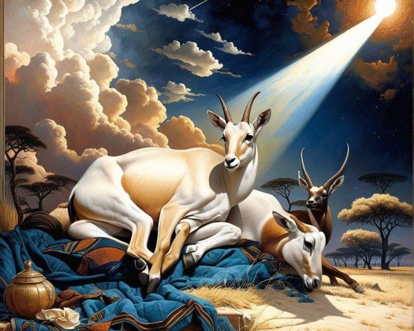 Surreal Landscape with Antelopes and Dramatic Sky