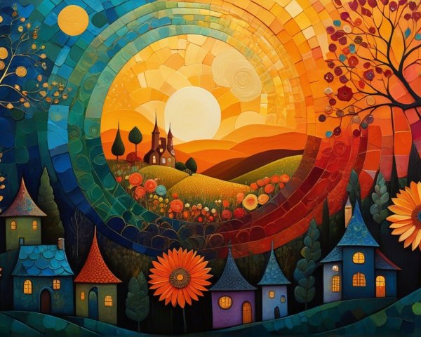 Vibrant Landscape with Colorful Sunset and Houses