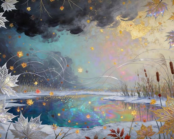 Ethereal Mixed Media Landscape with Frozen Pond Scene