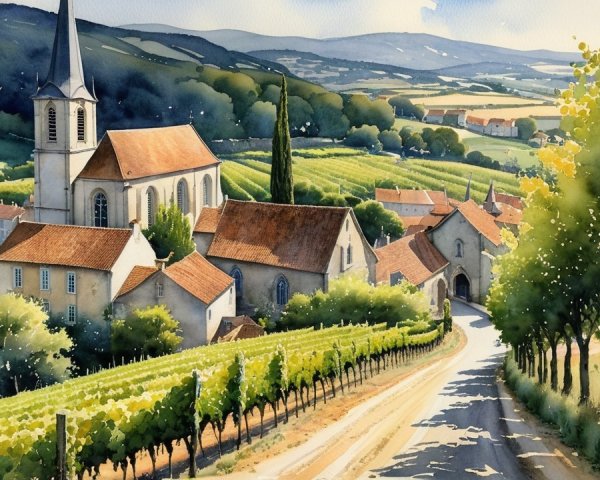 Rural Landscape with Vineyards and Charming Village