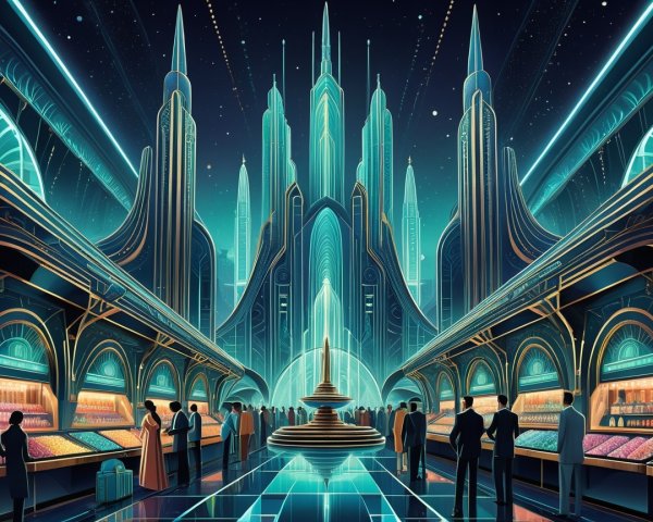 Futuristic marketplace with skyscrapers and vibrant stalls