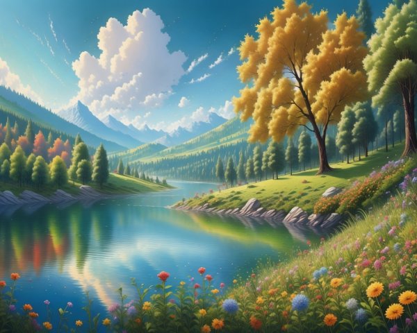 Serene Landscape with Autumn Lake and Mountains