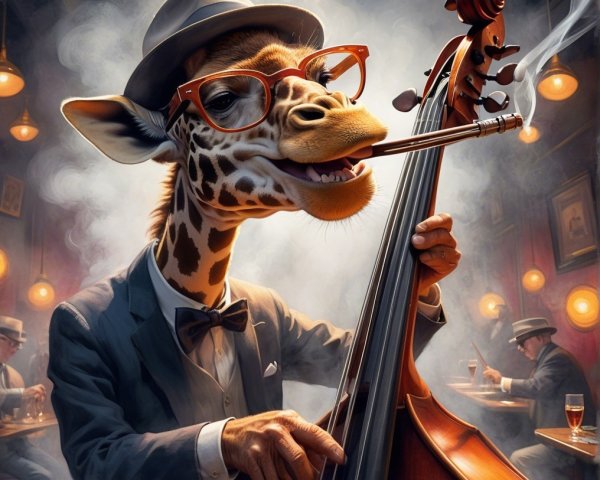 Giraffe in Tuxedo Plays Double Bass in Jazz Club