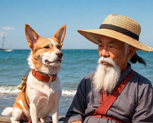 Elderly Man and Corgi at Serene Beach Scene