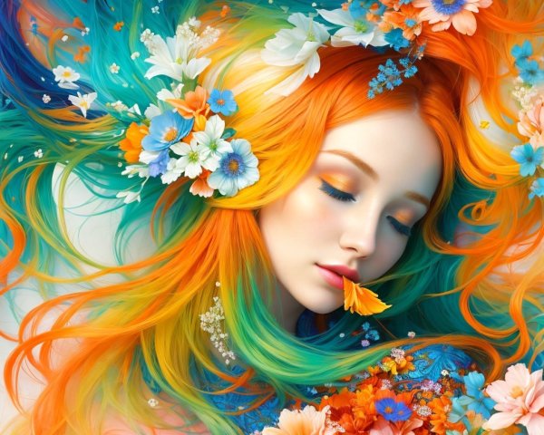 Serene portrait of a woman with vibrant hair and flowers