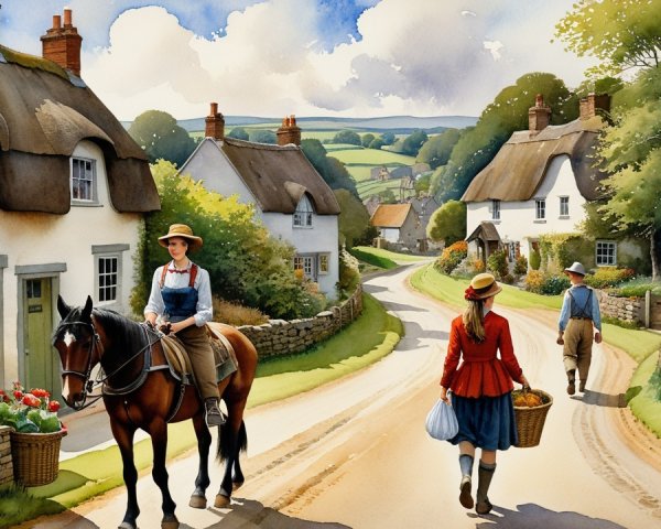 Rural Scene with Women, Horses, and Cottages