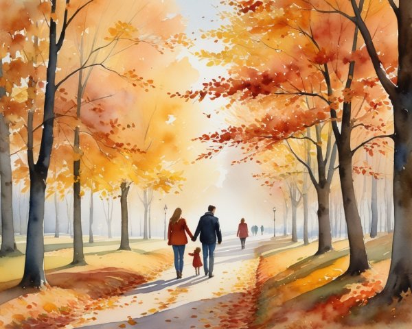 Autumn Scene of Family Walking on Leafy Path