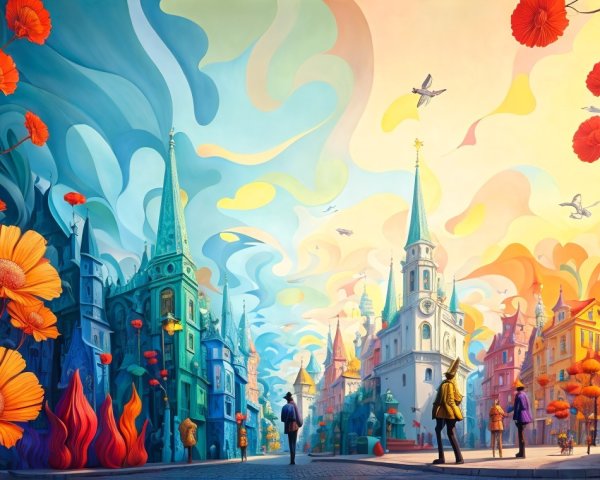 Vibrant Cityscape with Colorful Buildings and Flowers