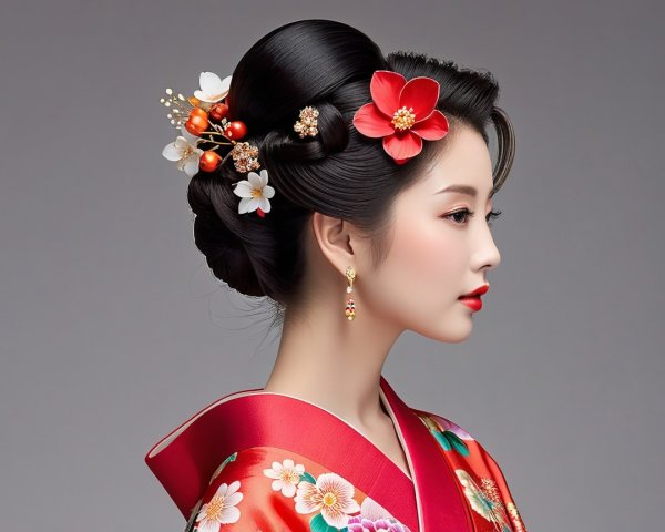 Traditional Kimono with Floral Patterns and Updo Hairstyle