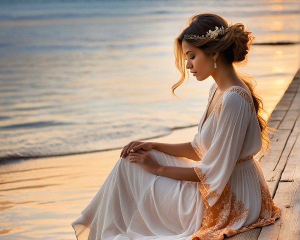 Young woman in white dress on sunset pier