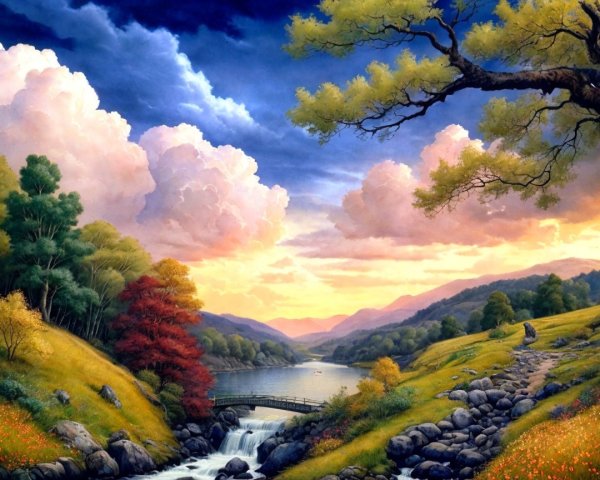 Serene Landscape with Sunset Over Winding River