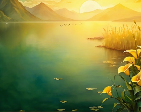 Serene Sunrise Landscape with Mountains and Lake