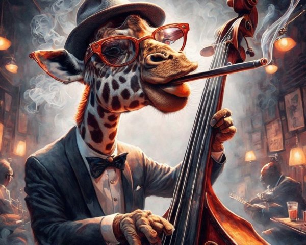 Giraffe in Fedora Plays Double Bass in Jazz Club