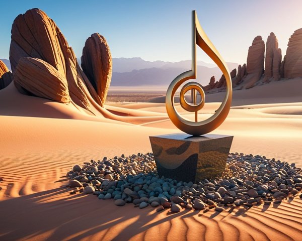 Musical Note Sculpture in Desert Landscape with Stones