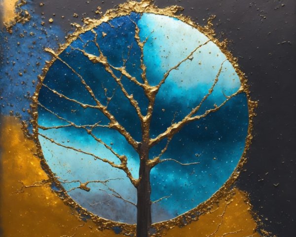 Tree Silhouette in Circular Frame with Blue and Gold
