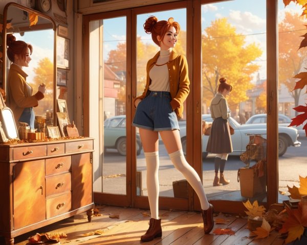 Young Woman in Vintage Shop with Autumn View