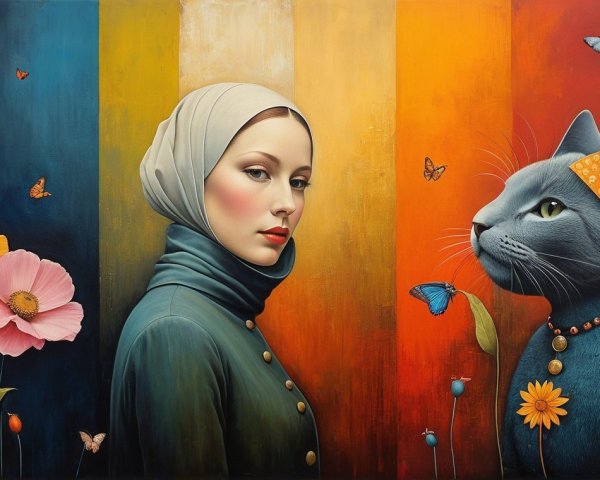 Whimsical Painting of Woman, Cat, and Colorful Surroundings