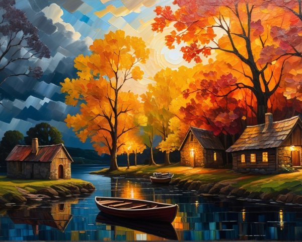Autumn Landscape with Cabins and Calm Lake Reflections