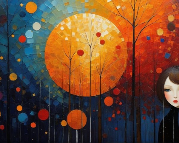Vibrant Abstract Landscape with Glowing Sun and Trees