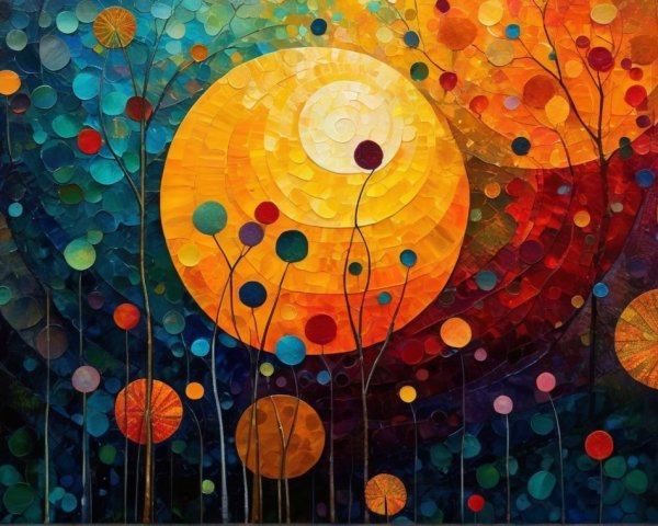 Vibrant Abstract Artwork with Circular Forms and Trees