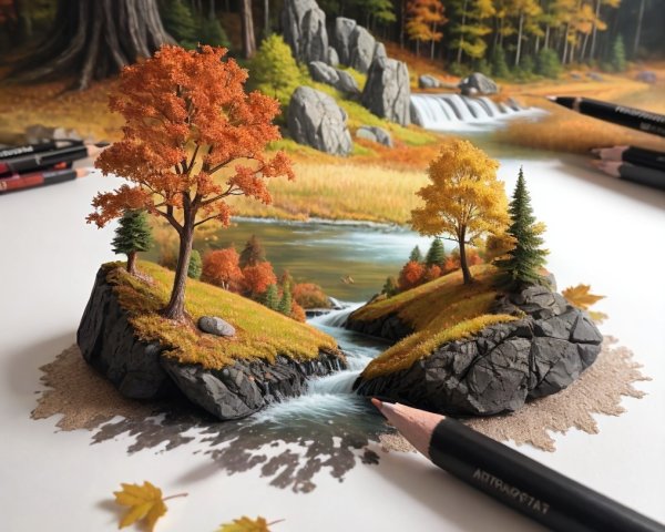 3D Artwork of Miniature Autumn Landscape with River