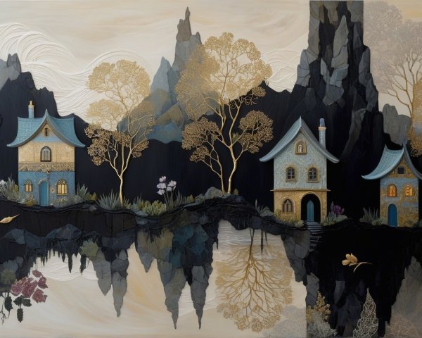 Quaint Houses Amidst Jagged Mountains and Calm Water