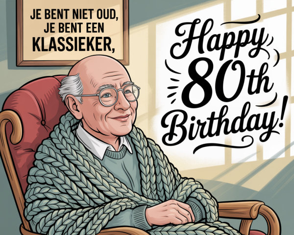 Cheerful elderly man in cozy armchair for birthday celebration