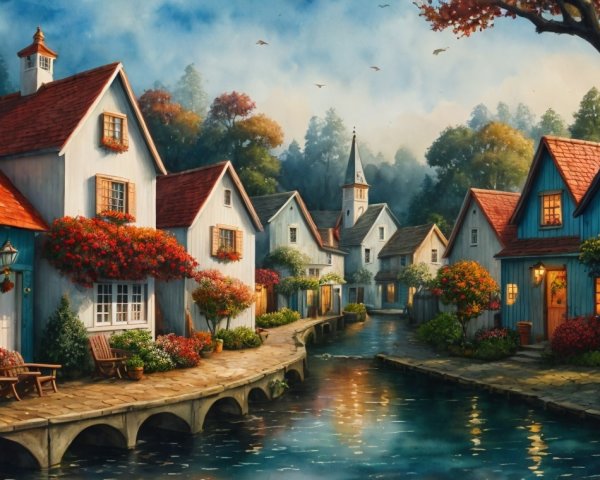 Charming Village Scene with Colorful Homes and Canal
