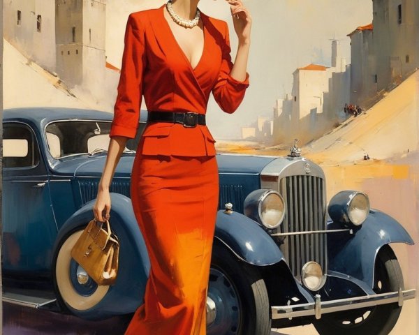 Elegant Woman in Red Suit with Vintage Car and Moon