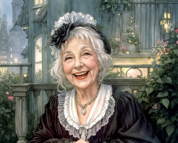 Elderly Woman in Vintage Dress with Floral Headpiece