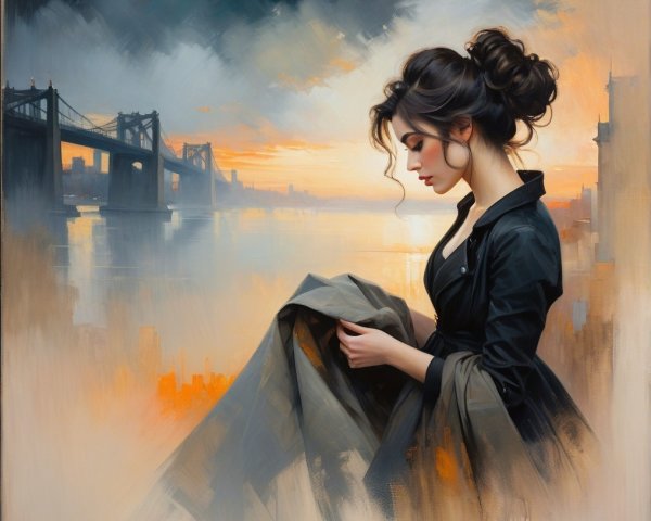 Contemplative Woman at Sunset by River with City Skyline