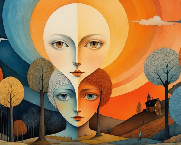 Stylized Faces in Colorful Abstract Landscape Art