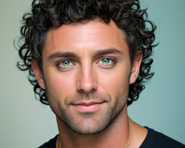 Portrait of a man with curly hair and green eyes