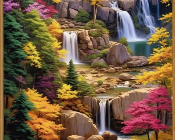 Vibrant Autumn Landscape with Waterfalls and Foliage