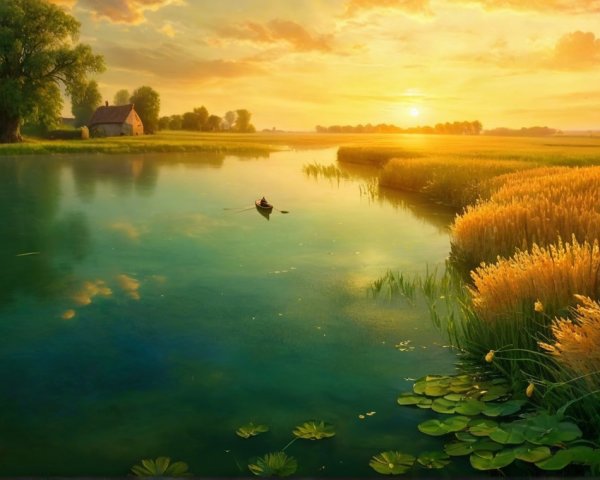 Serene Sunset Landscape with River and Cottage