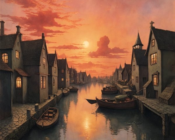 Serene Riverside Village at Sunset with Charming Houses